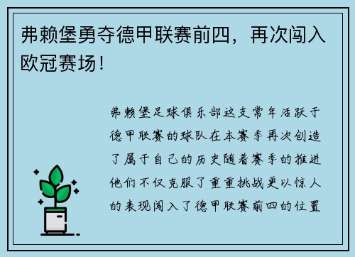 弗赖堡勇夺德甲联赛前四，再次闯入欧冠赛场！